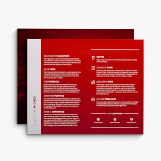 Two church bulletins overlapping each other and printed with worship details in white and red.