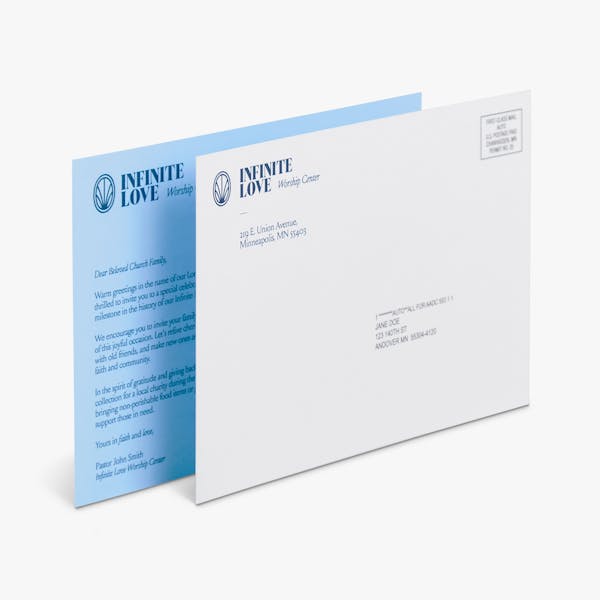 Two direct mail postcards overlapping each other and printed with Infinite Love Worship Center.