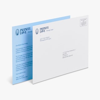 Two direct mail postcards overlapping each other and printed with Infinite Love Worship Center.