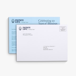 Two church direct mail postcards overlapping each other and printed with Infinite Love Worship Center.