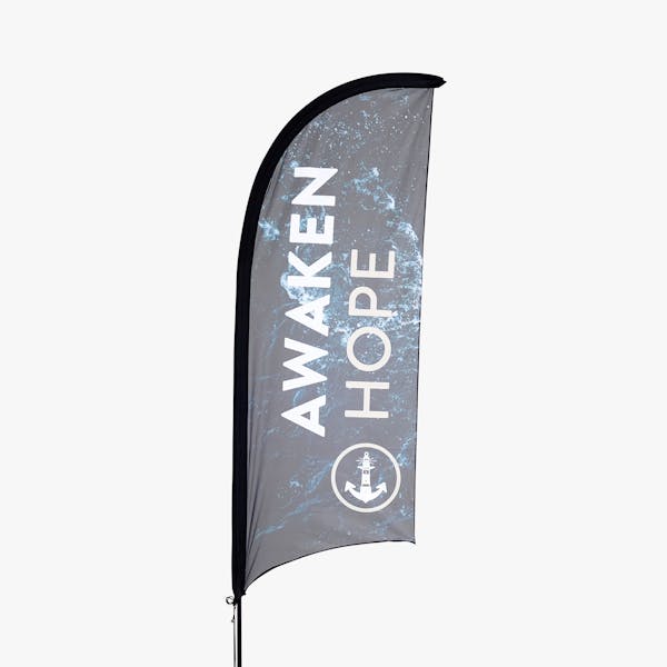 A church feather flag printed with Awaken Hope and a black and blue design.