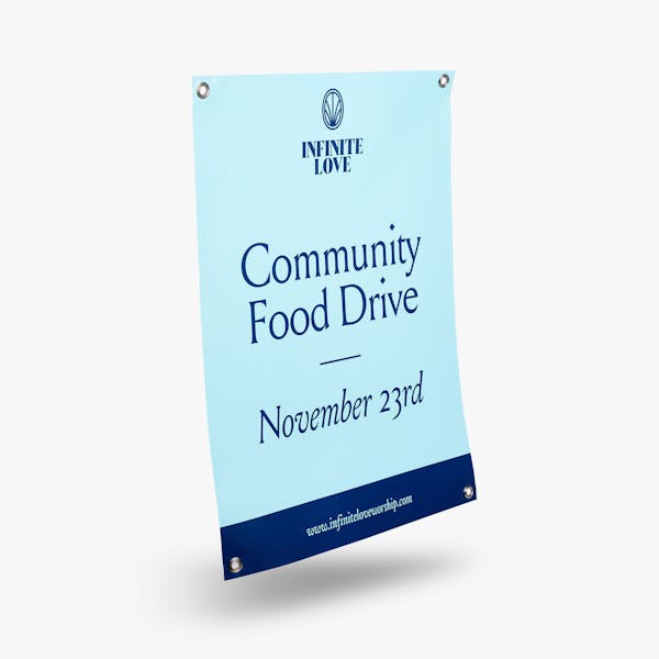 A religious hanging banner printed with silver grommets and food drive details in dark and light blue.