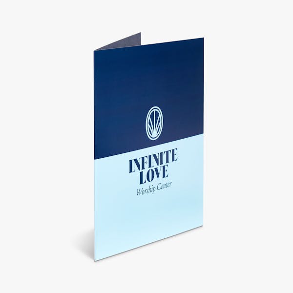A religious pocket folder printed with Infinite Love Worship Center in dark and light blue.