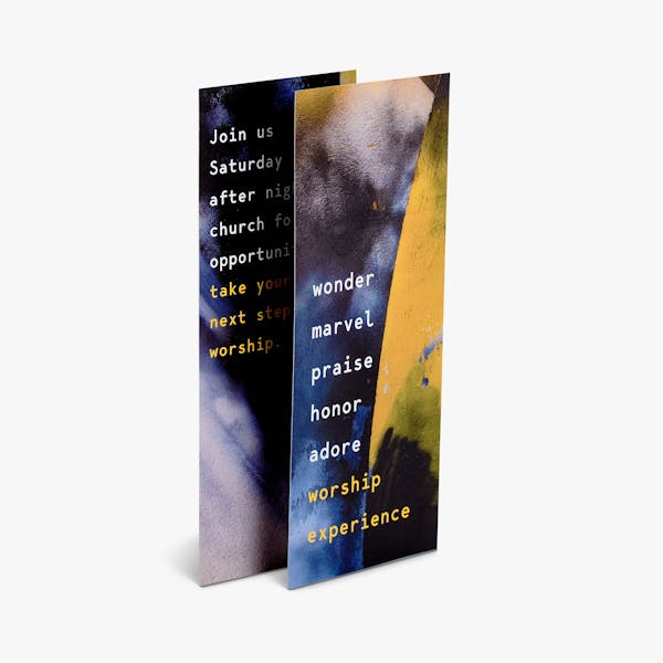 Two religious rack cards overlapping each other and printed with worship details in white, blue and yellow.