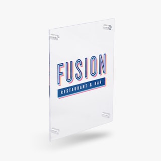 A clear acrylic sign printed with Fusion Restaurant & Bar in blue and red with standoffs in the corners.
