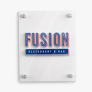A restaurant sign printed on clear acrylic with Fusion Restaurant & Bar in blue and red.