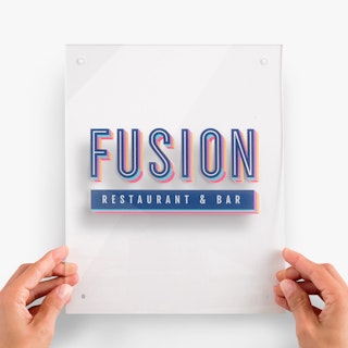 Two hands holding a clear acrylic sign printed with Fusion Restaurant & Bar in blue and red.