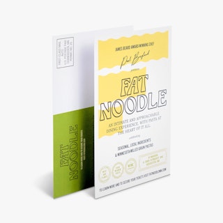 Two direct mail postcards printed with Fat Noodle and restaurant info in yellow, green and white.