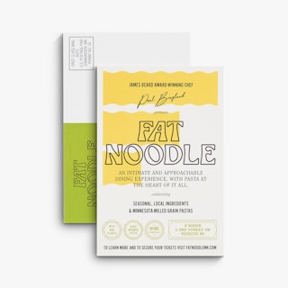 Two postcards overlapping each other and printed with restaurant information and details for Fat Noodle.