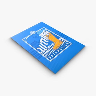 A brewery poster printed with a blue background, Hefeweizen in white and a beer design.