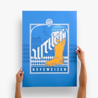Two hands holding a large poster custom printed with a blue background and Hefeweizen in white.