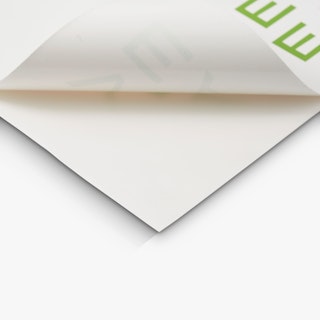 The corner of a custom wall decal printed in white and green and peeling away from the backing.