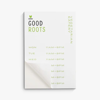 A restaurant window decal printed in black, green and white with daily hours.