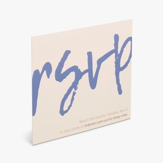 An RSVP card printed with rsvp in blue text and return details along the bottomt.