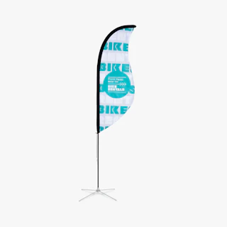 A sabre feather flag printed with Front Pedal Bike Co. Bike Rentals in blue and white on a four-leg stand.