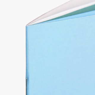 The top left corner of a saddle stitch booklet with a blue cover design and staple through the binding.