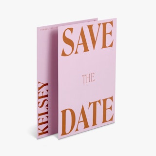 Two save the date cards overlapping each other with a pink background and dark orange and red text.