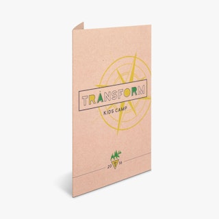 A custom brochure standing open and printed with Transform Kids Camp in Kraft paper.