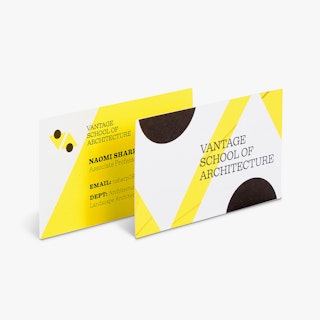 Two school business cards printed with a black, yellow and white design overlapping each other.