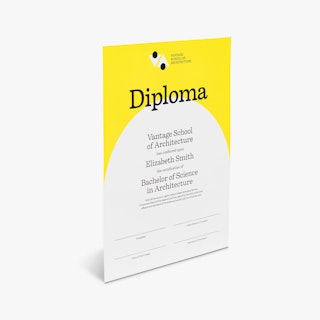 A architecture school certificate printed with Diploma in black on a white and yellow background.