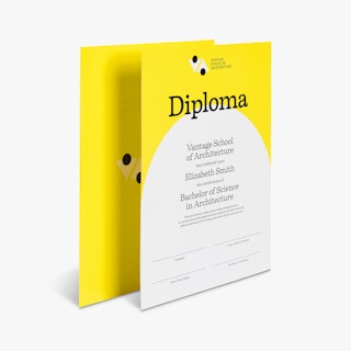 Two diplomas overlapping each other and printed with a yellow, white and black design.