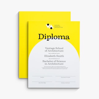 Two diplomas overlapping each other and printed with Vantage School of Architecture in black.