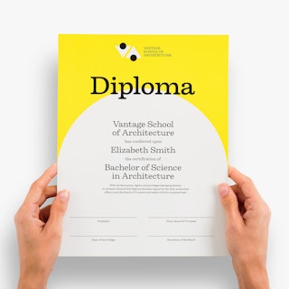 A diploma printed with Vantage School of Architecture and a yellow and white design.
