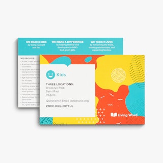 A hand holding a school direct mail postcard printed with information about Living Word locations and a bright design.