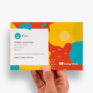 Two school direct mail postcards printed with a teal, orange and yellow design and information about the school.