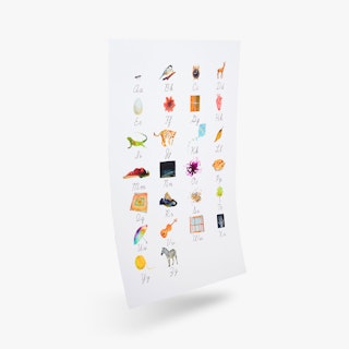A school poster custom printed with the alphabet and corresponding illustrations above each letter.