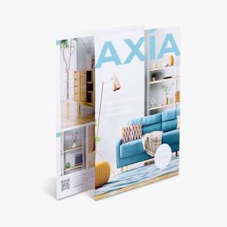 Two custom sell sheets overlapping each other and printed with images of furniture and Axia in blue.