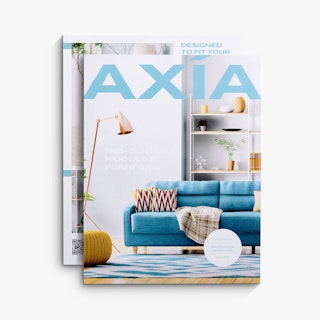 Two custom sell sheets overlapping and printed with Axia in blue and home interior images.