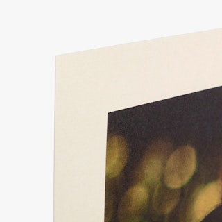 The top corner of a small poster printed with a cream border and an image in brown and dark yellow.