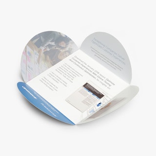 A square petal brochure with four curved panels unfolded to information about customer experiences.