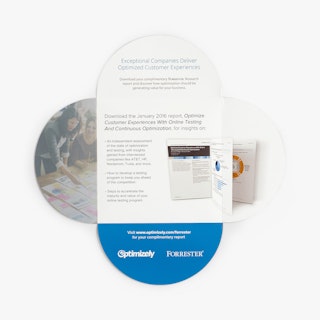 A square petal brochure laying flat and printed with four rounded panels and info about a customer report.
