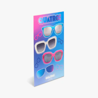 A custom sticker sheet printed with multiple sunglasses designs in pink, blue and white.