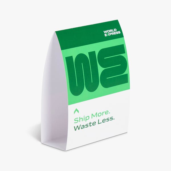 A custom table tent printed with World Express branding in light green, dark green and white.