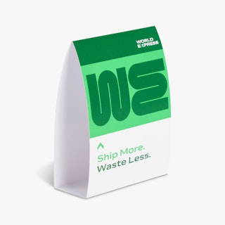 A custom table tent printed with World Express branding in light green, dark green and white.