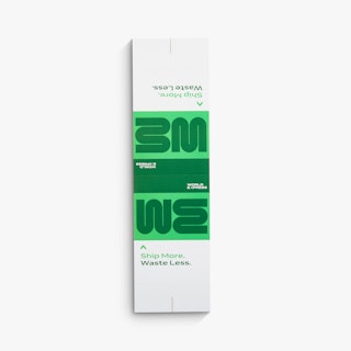 An unfolded table tent laying flat with a green and white design and World Express in the top corners.