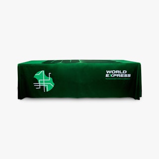 A custom table throw printed in light and dark green and World Express in white.