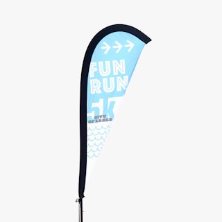 A teardrop feather flag printed with Fun Run 5k City of Lakes in white, blue and black.