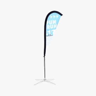 A custom feather flag printed with a teardrop shape, blue and white design and four-leg stand.