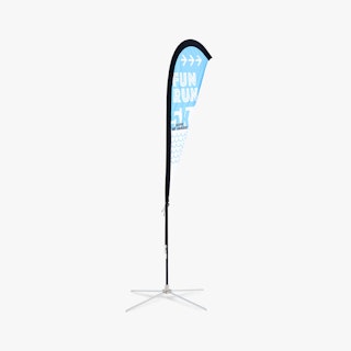 A teardrop feather flag custom printed with Fun Run 5k in white and blue on a silver stand.