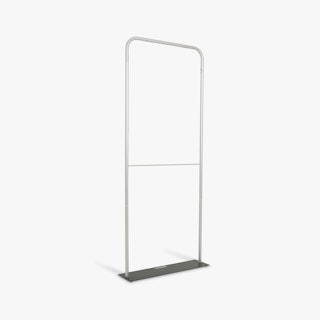 The metal frame for a three-foot tension fabric display assembled without the graphic.