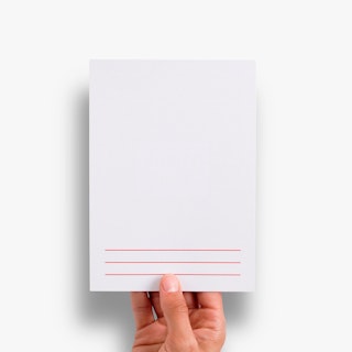 A hand holding a flat thank you card with a blank back and three red lines printed at the bottom.