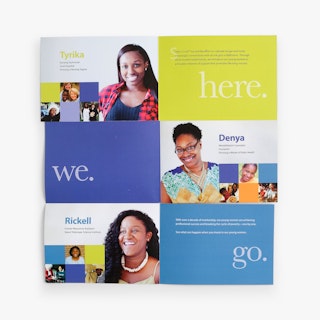 A traveling snake brochure unfolded and printed with images of smiling women and bios.