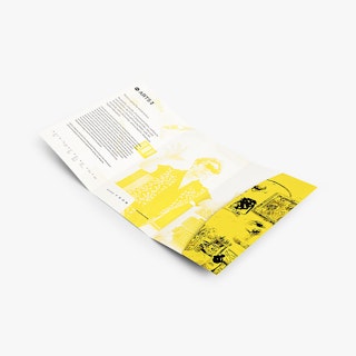 An unfolded tri-fold pocket mailer for marketing printed with a yellow and white design.