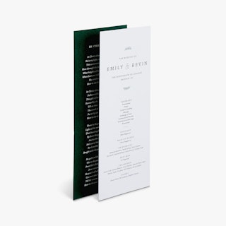 Two wedding programs overlapping each other and printed with a white front and black back.