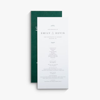 Two wedding programs overlapping each other with Emily & Kevin on the front and a dark green back.