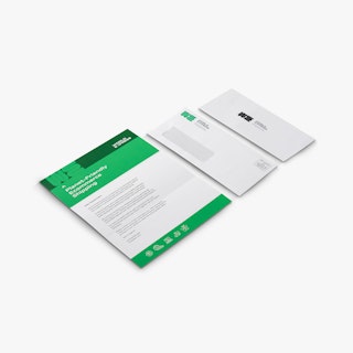 A green and white letter mailer next to a matching window envelope and reply envelope.